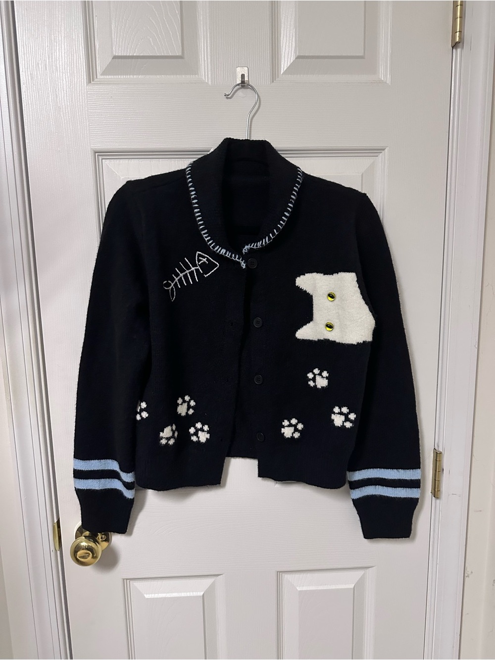 Cider Black Cat Patch Cardigan with Blue Stripe Accents